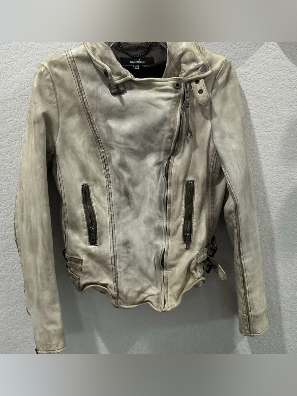 Muubaa 100% Goat Leather Aged Distressed Zip Front Moto Jacket US 6 UK 10